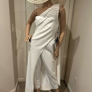 Adrianna Papell One-Shoulder Cape Ivory Jumpsuit